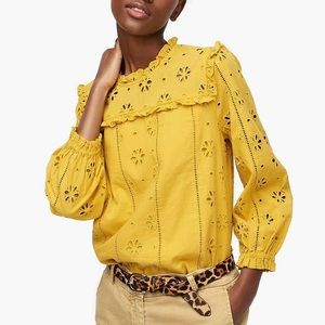 NWT J Crew Mustard Cottagecore Broderie Ruffle Neck Long Sleeves Top, Size XS